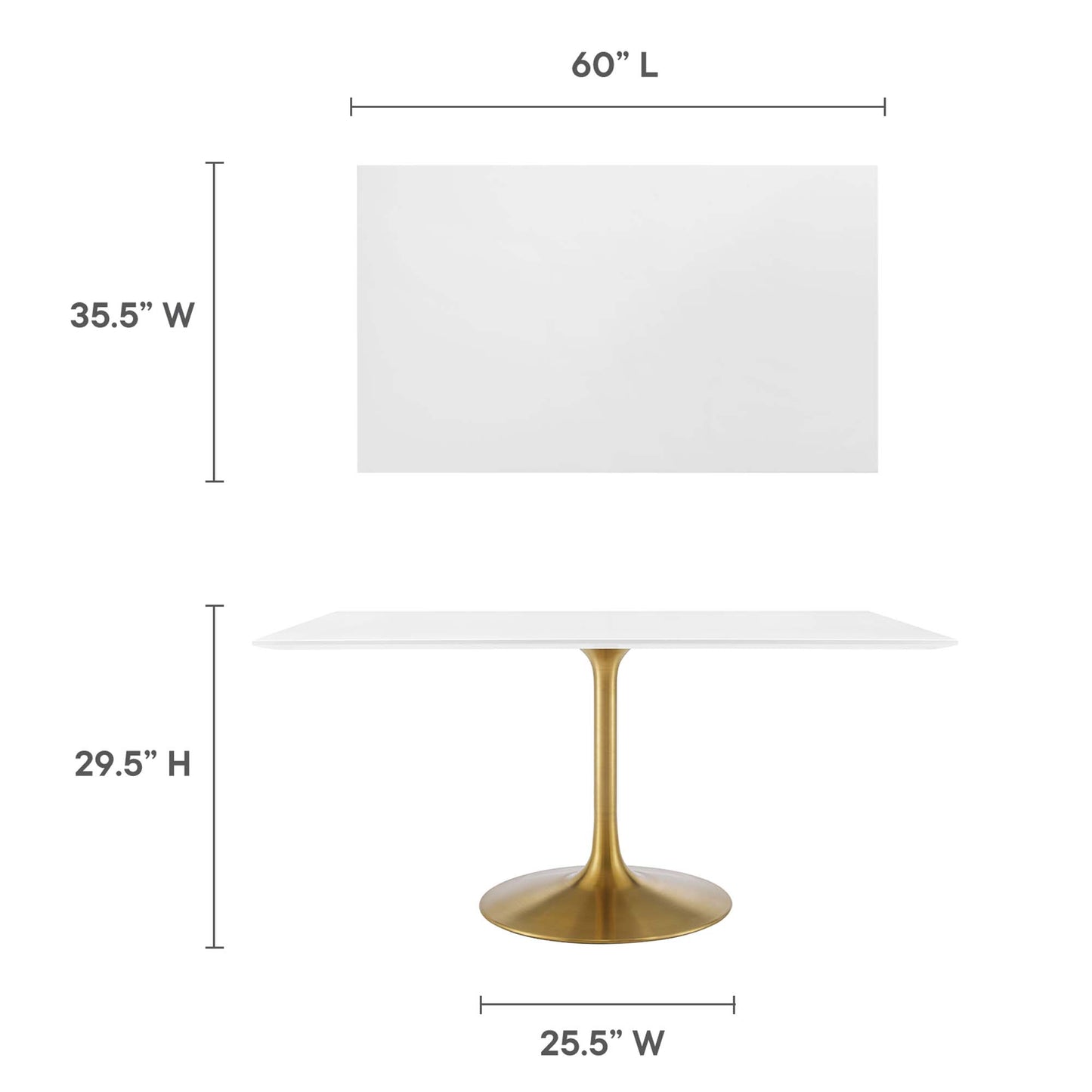 White rectangular wood dining table with a gold pedestal base; 60" L, 35.5" W, 29.5" H.