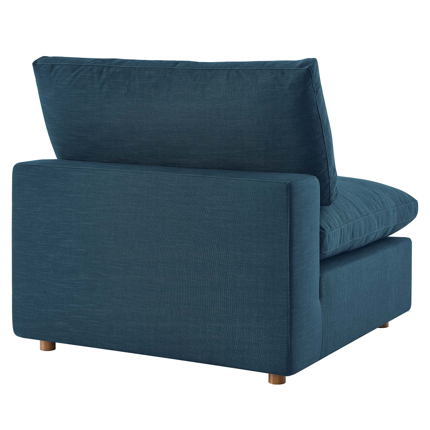 Azure blue fabric armless chair with cushioned back and seat, low wooden legs, modern style