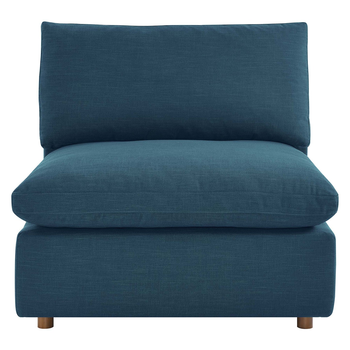 Azure blue fabric armless chair with tall back cushion, thick seat cushion, and short wooden legs.
