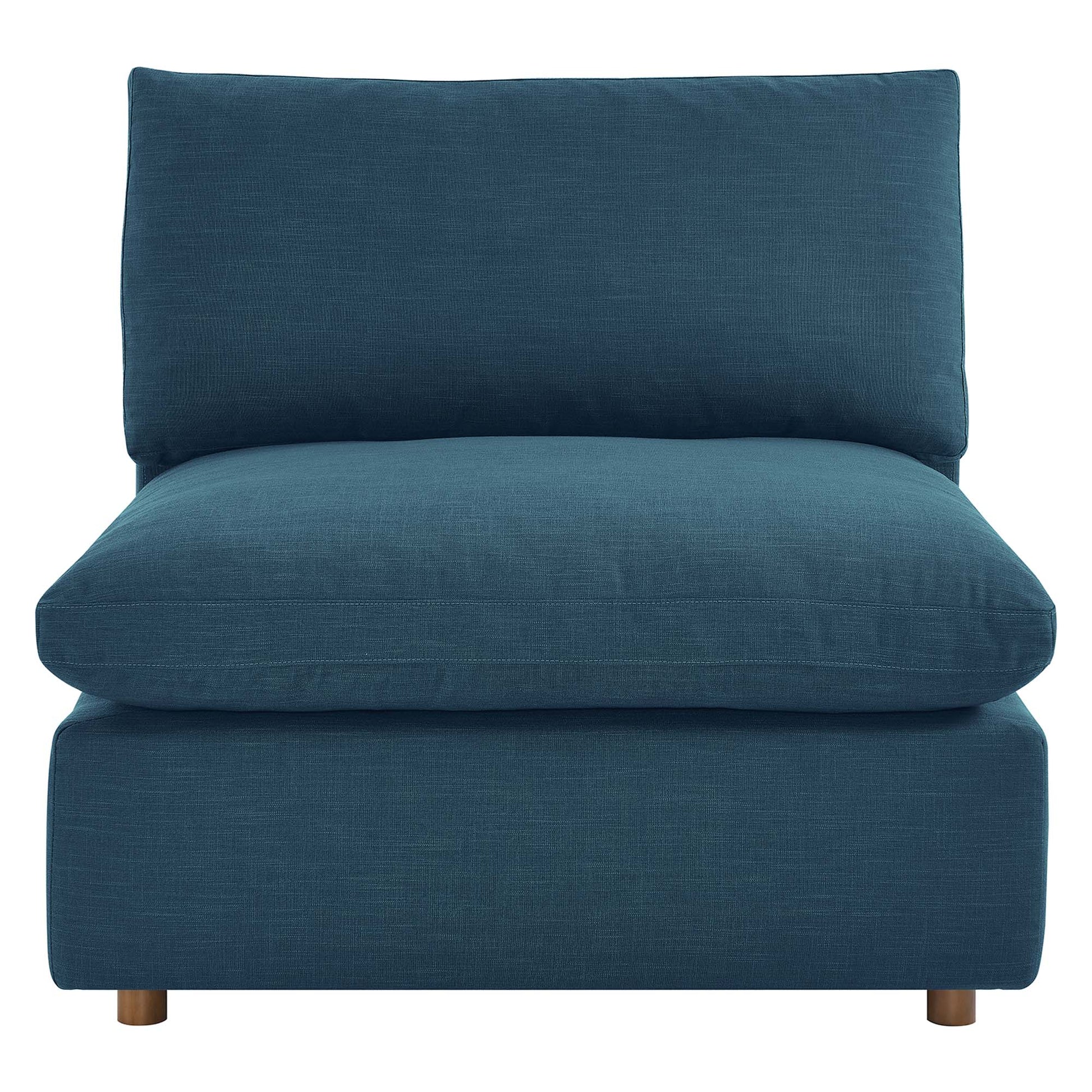 Azure blue fabric armless chair with tall back cushion, thick seat cushion, and short wooden legs.