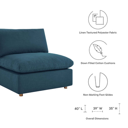 Azure blue linen-textured polyester armless chair with cushioned seat, down-filled cushions, non-marking foot glides; 40" L x 39" W x 35" H.