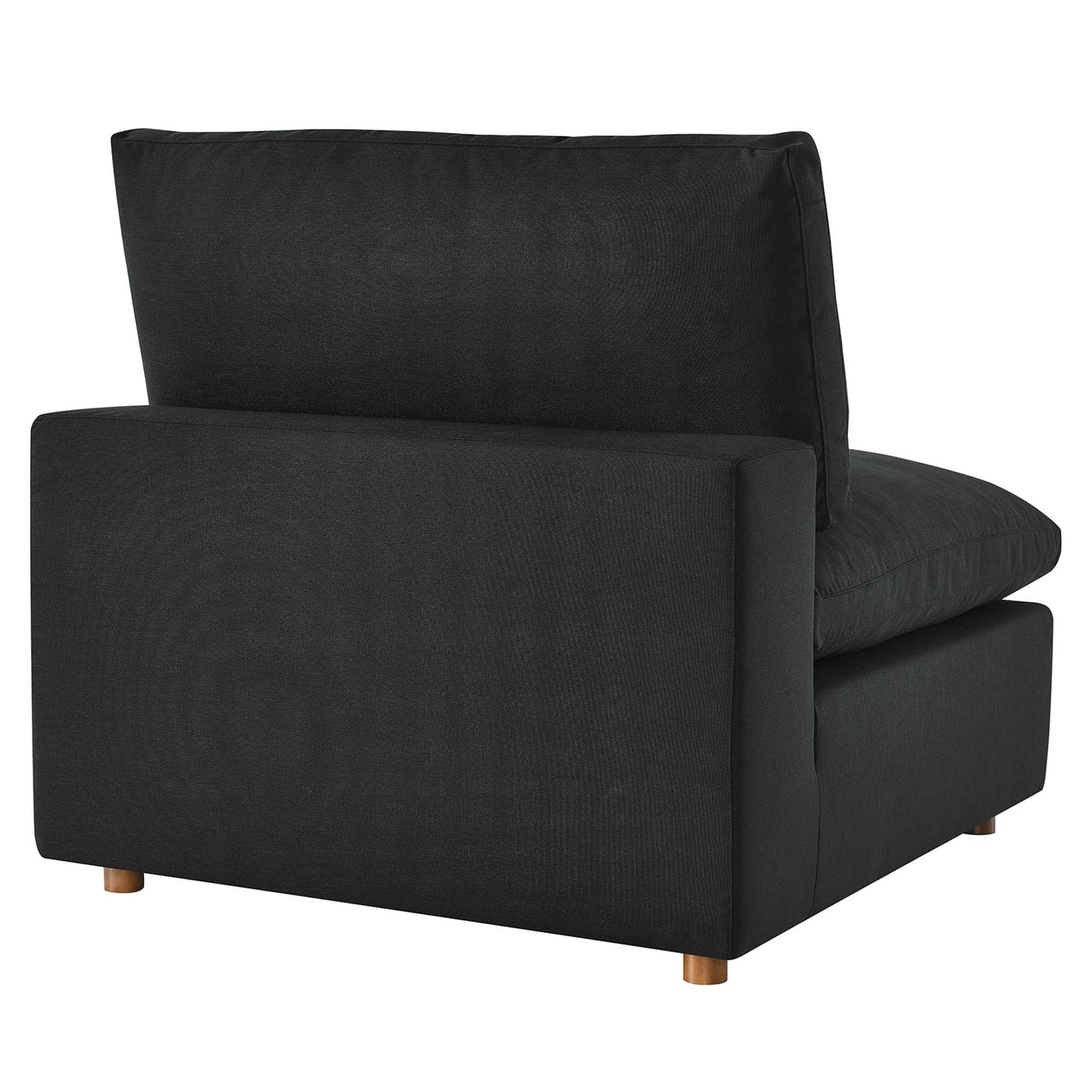 Black fabric armless chair with squared cushions, low back, and short wooden legs; down-filled, overstuffed.