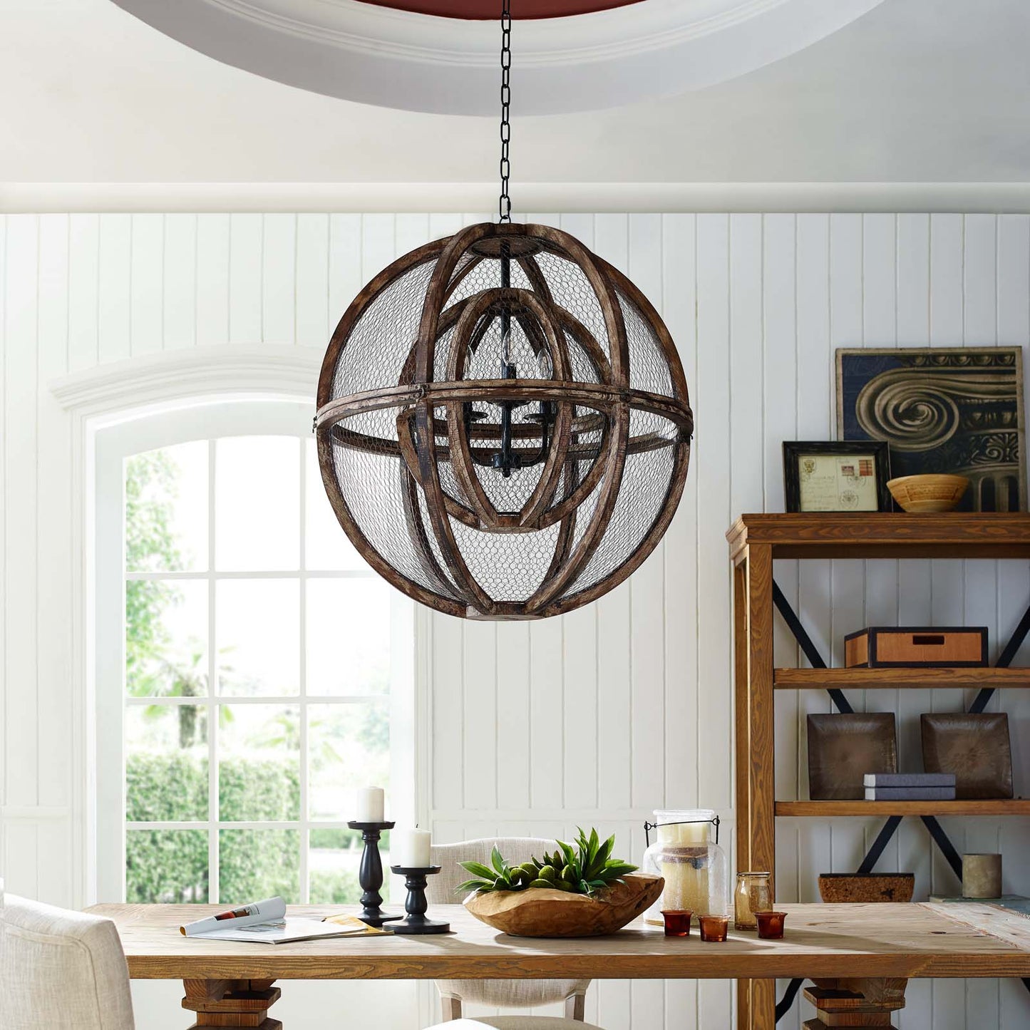 Modway Outlet Gravitate Globe Rustic Oak Wood Pendant Light Chandelier by Modway  Lighting Lighting  - EEI-3271