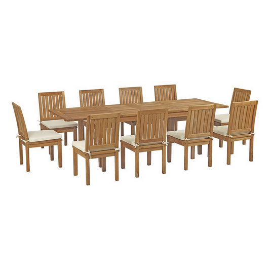 Modway - Marina 11 Piece Outdoor Patio Teak Dining Set by Modway  Outdoor Furniture Bar and Dining White - EEI-3282-NAT-WHI-SET