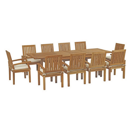 Modway - Marina 11 Piece Outdoor Patio Teak Dining Set by Modway  Outdoor Furniture Bar and Dining White - EEI-3283-NAT-WHI-SET