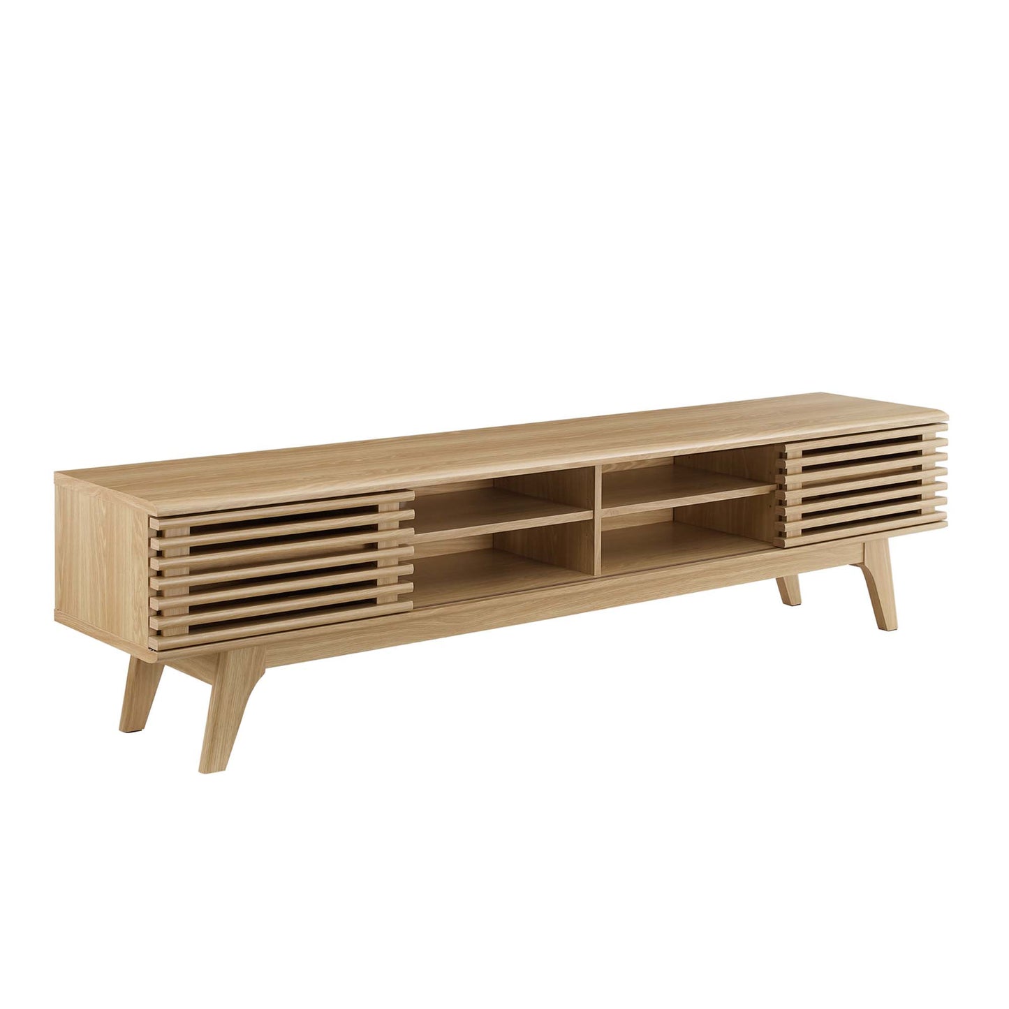 Oak finish TV console with slatted side cabinets and open center shelves; mid-century modern with raised angled legs.