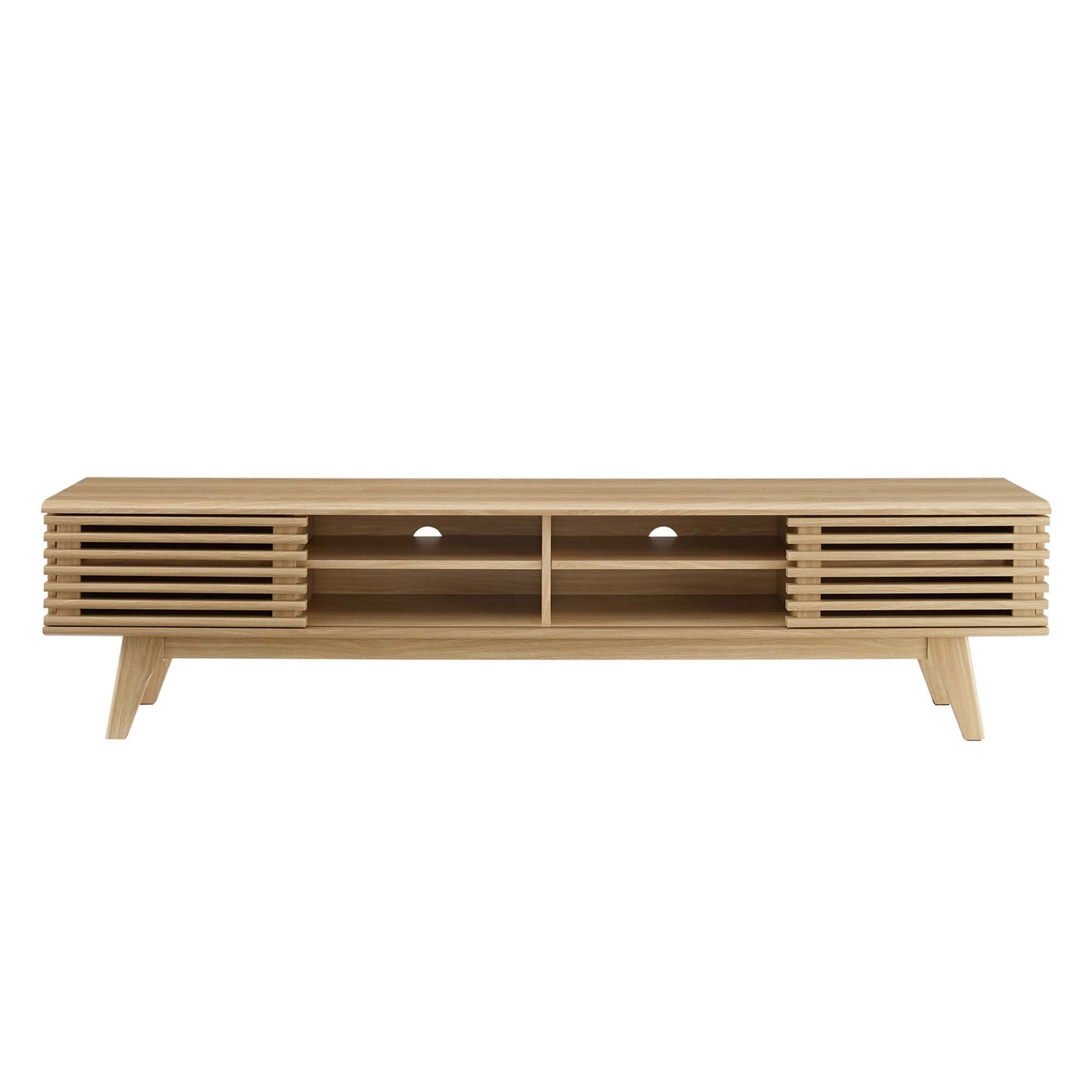 Oak wood media console with slatted side panels, two central cubbies, cable holes, and angled legs