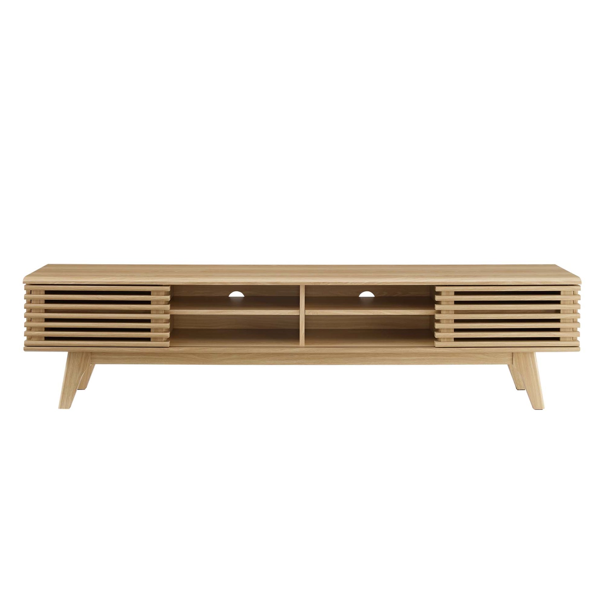 Oak wood media console with slatted side panels, two central cubbies, cable holes, and angled legs