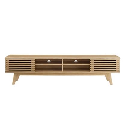 Oak wood media console with slatted side panels, two central cubbies, cable holes, and angled legs