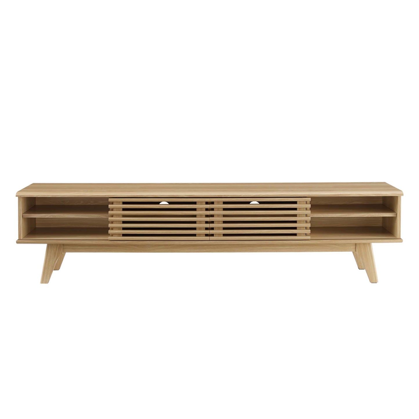 Oak wood entertainment center with open side shelves, slatted central doors, and angled mid-century legs.