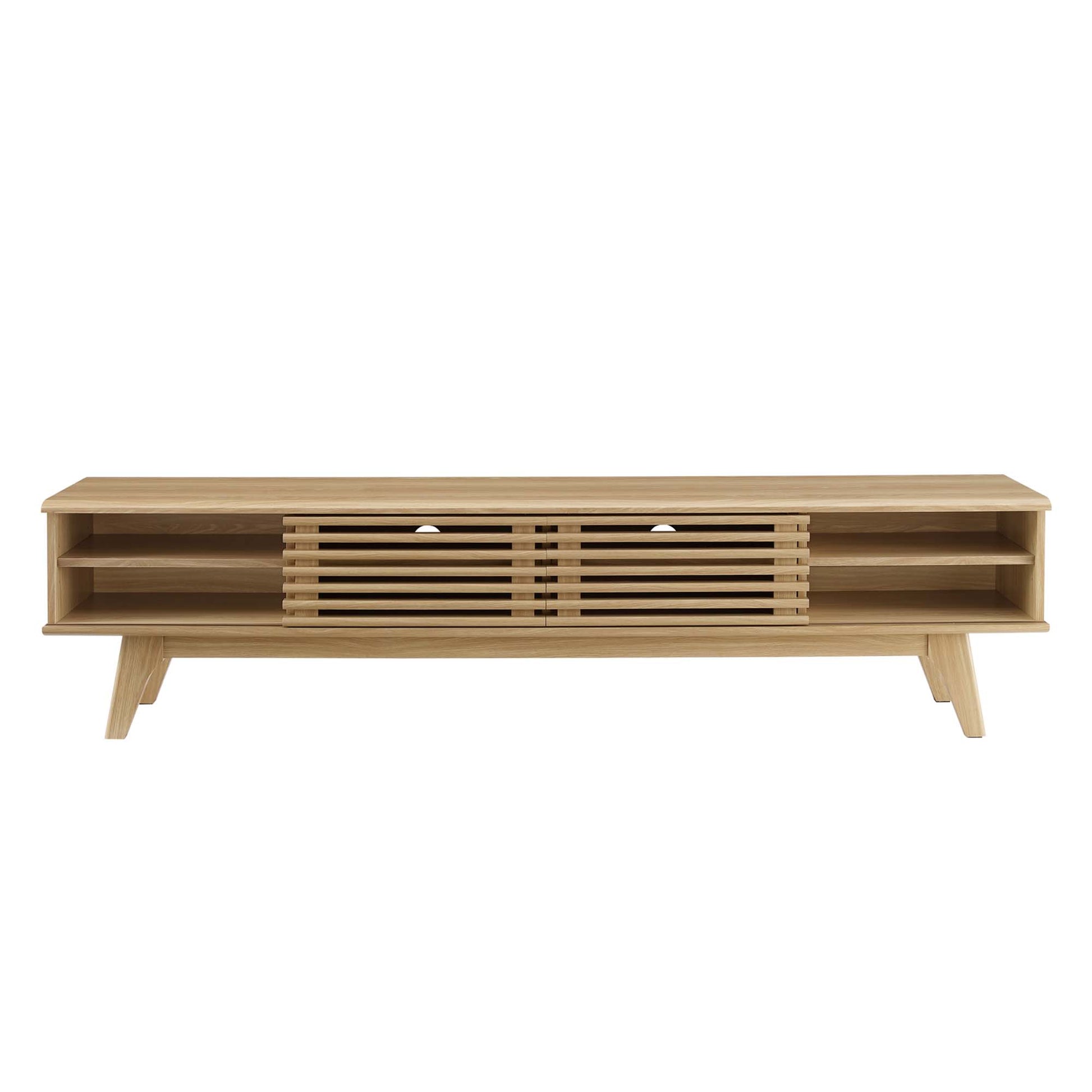 Oak wood entertainment center with open side shelves, slatted central doors, and angled mid-century legs.