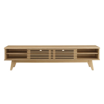 Oak wood entertainment center with open side shelves, slatted central doors, and angled mid-century legs.