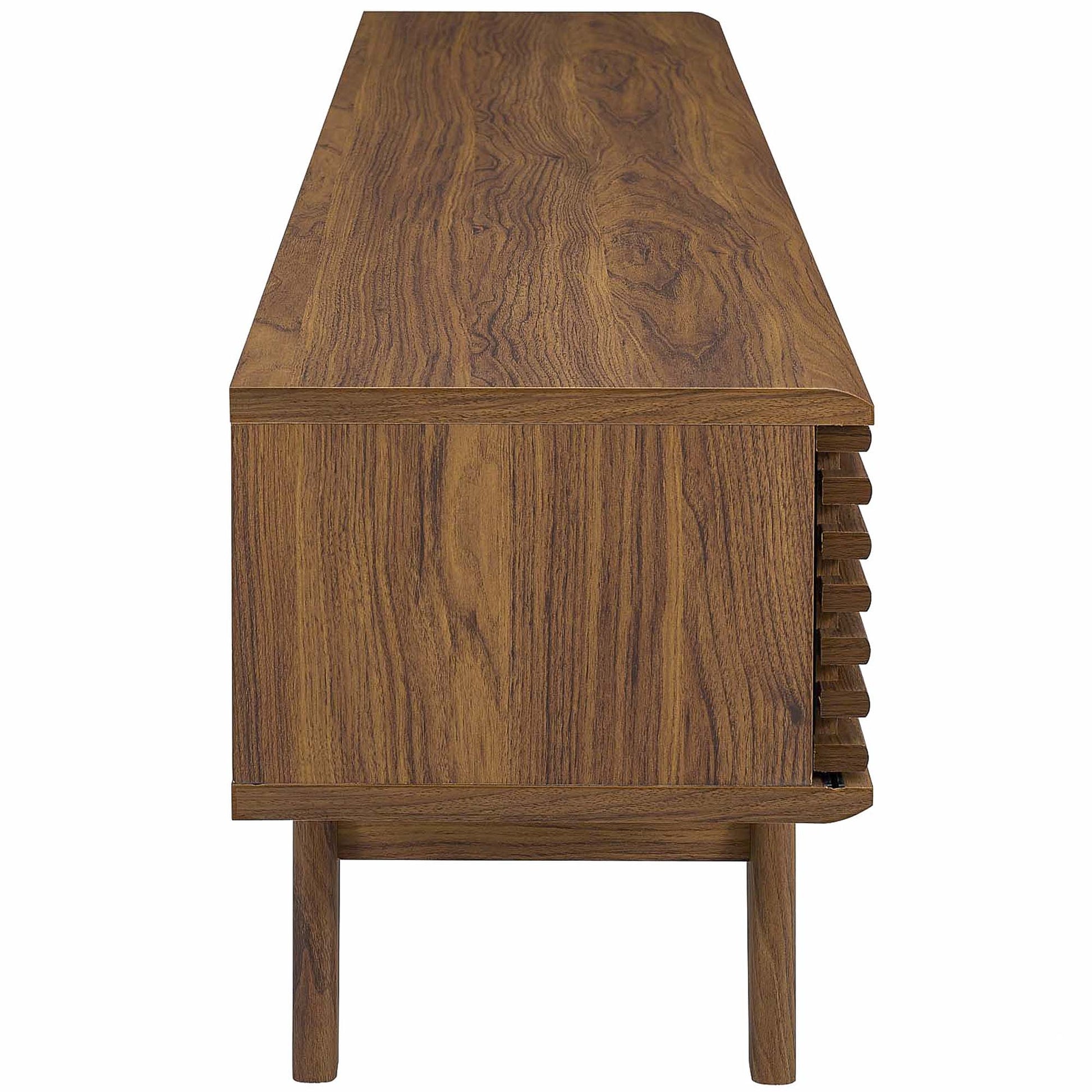 Walnut-finish mid-century modern entertainment center/TV stand with rectangular top, tapered legs, and cabinet doors.