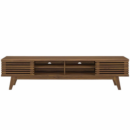 Walnut-finish wooden media console with slatted side panels, low-profile mid-century design, open central shelves for components.