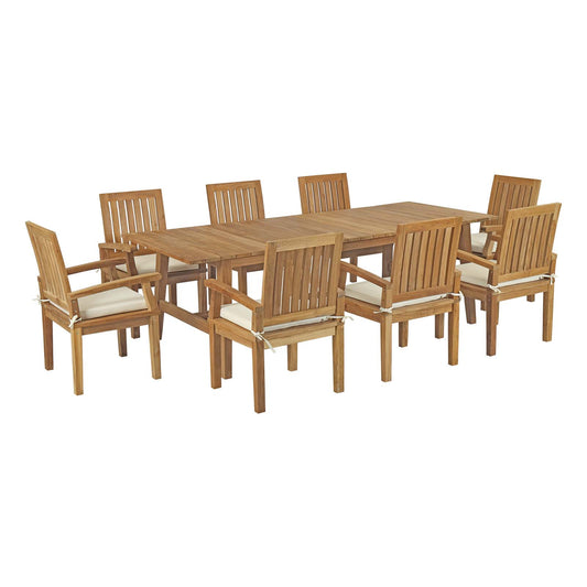 Modway - Marina 9 Piece Outdoor Patio Teak Dining Set by Modway  Outdoor Furniture Bar and Dining White - EEI-3312-NAT-WHI-SET