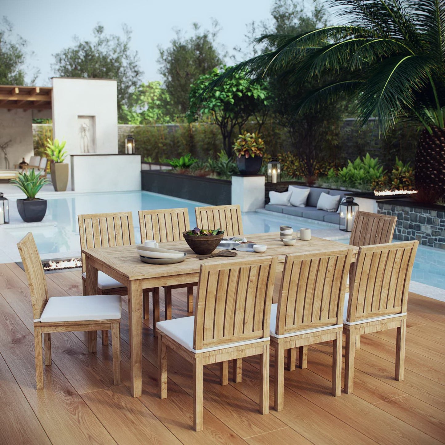 Modway - Marina 9 Piece Outdoor Patio Teak Dining Set by Modway  Outdoor Furniture Bar and Dining White - EEI-3315-NAT-WHI-SET