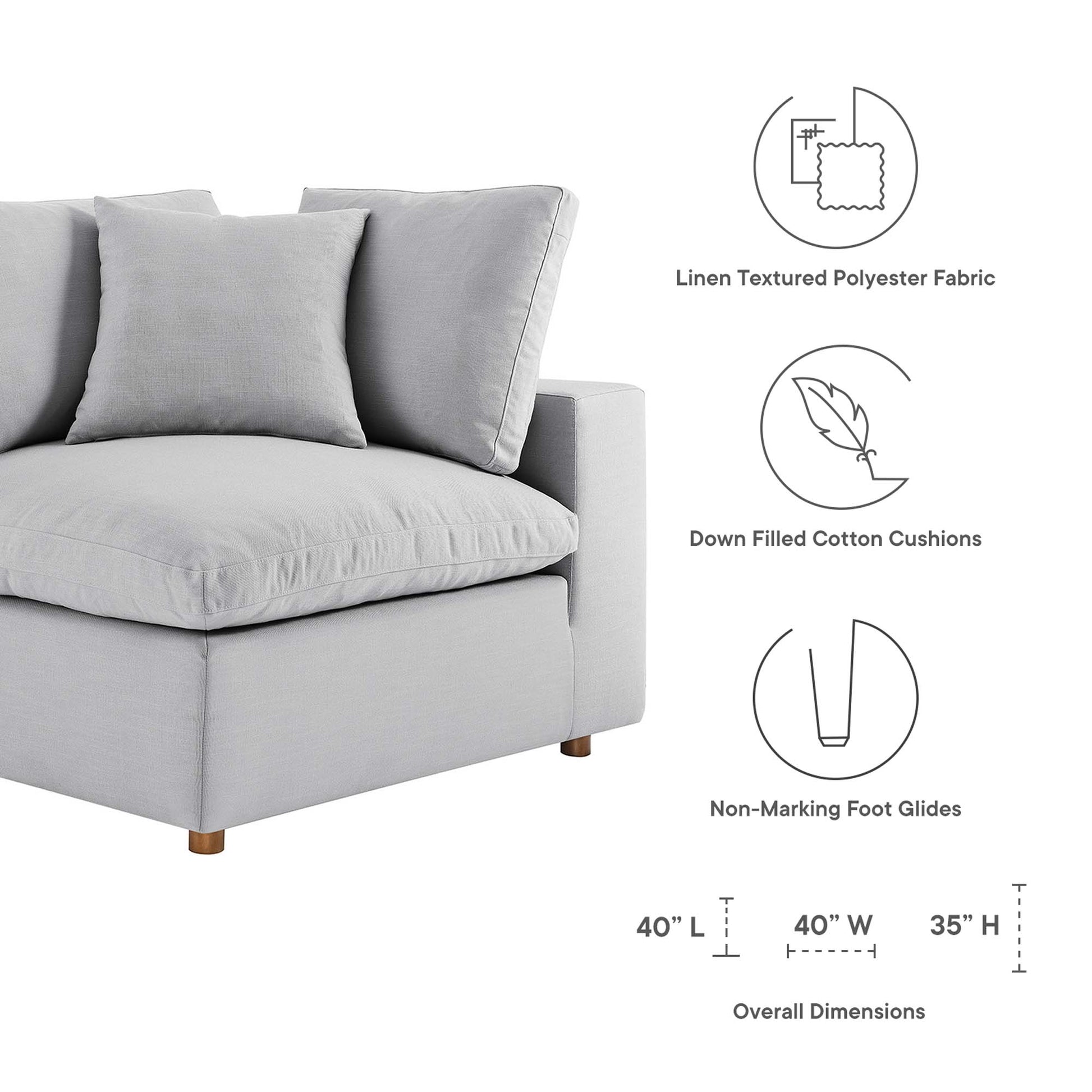 Light gray linen-textured polyester corner chair with down-filled cushions and non-marking foot glides; 40L x 40W x 35H.