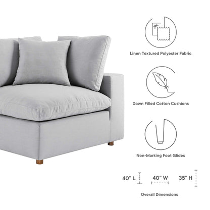 Light gray linen-textured polyester corner chair with down-filled cushions and non-marking foot glides; 40L x 40W x 35H.