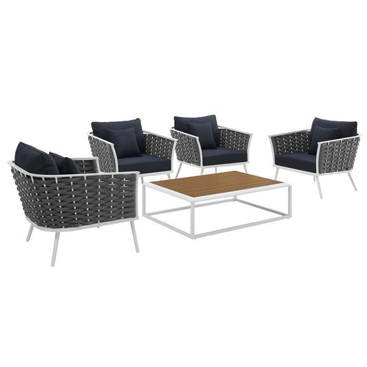 Modway Outlet Stance 5 Piece Outdoor Patio Aluminum Sectional Sofa Set by Modway  Outdoor Furniture Furniture White Navy - EEI-3321-WHI-NAV-SET