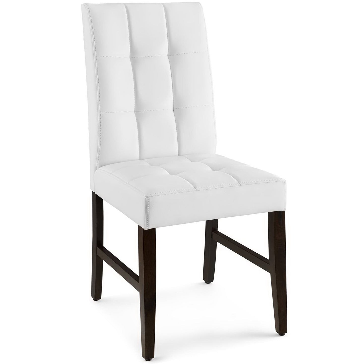White tufted dining chair with padded back and seat, dark wooden legs.