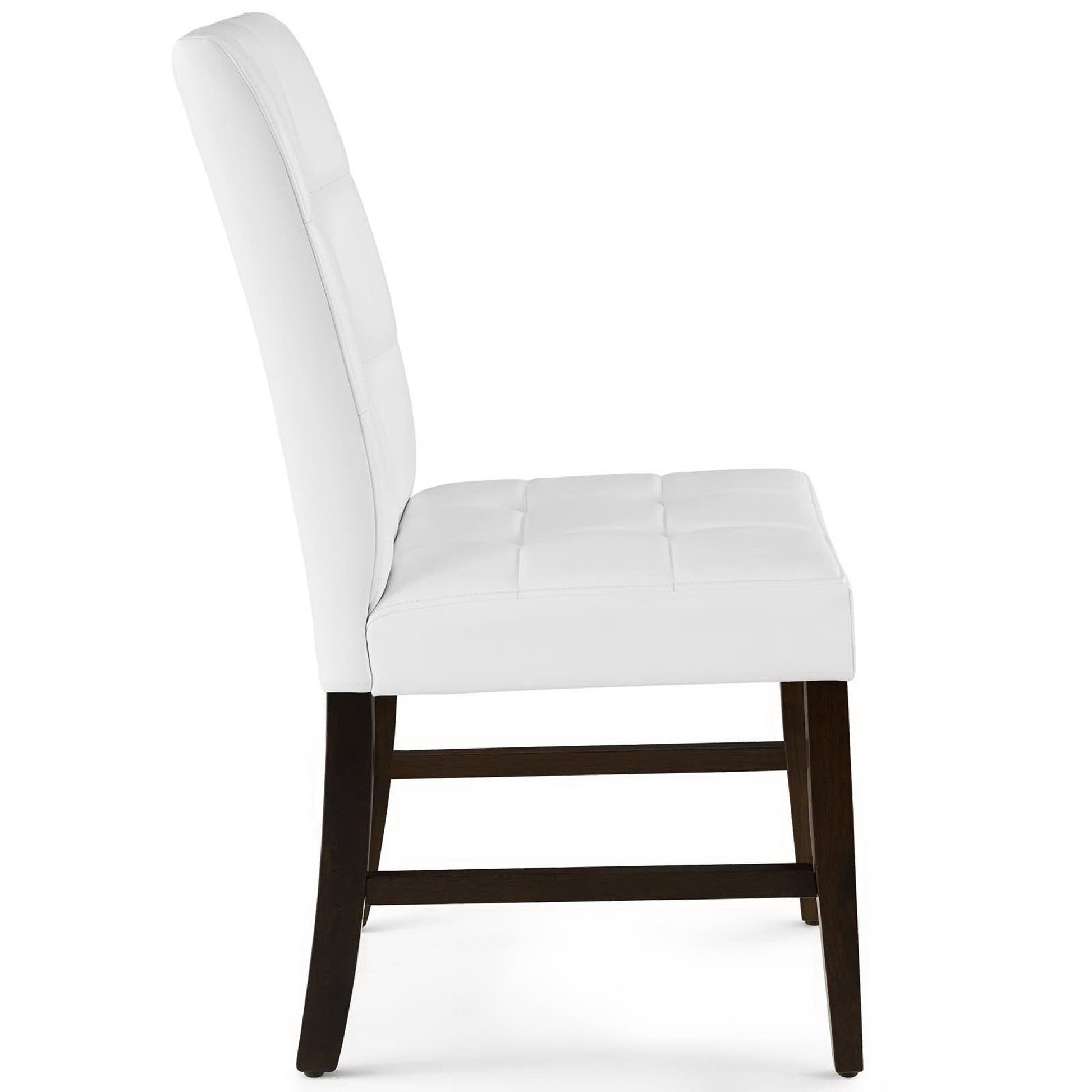 Pair of white biscuit-tufted upholstered faux leather dining side chairs with dark legs.