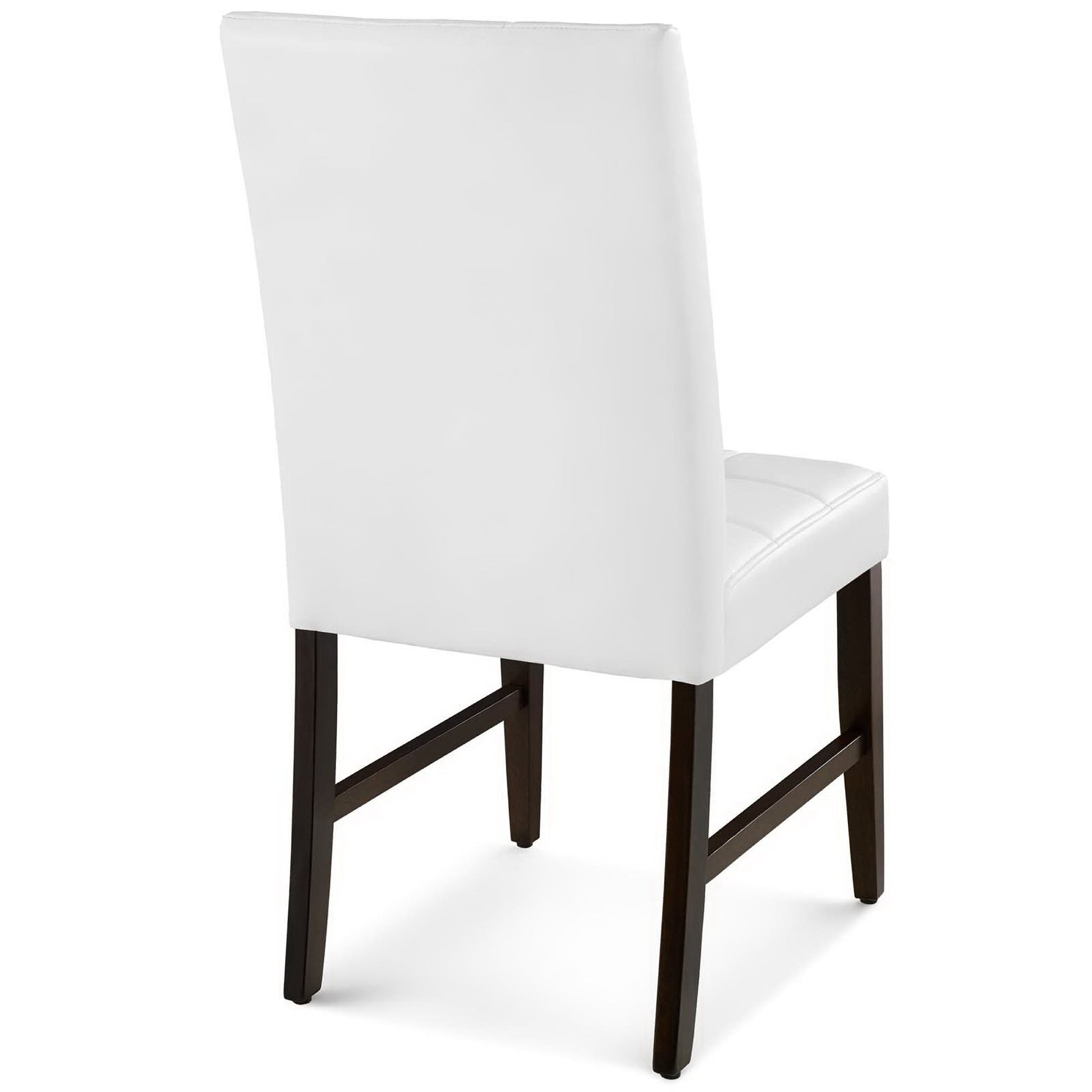 White faux-leather dining side chairs with tall padded backs and dark wood legs - set of 2