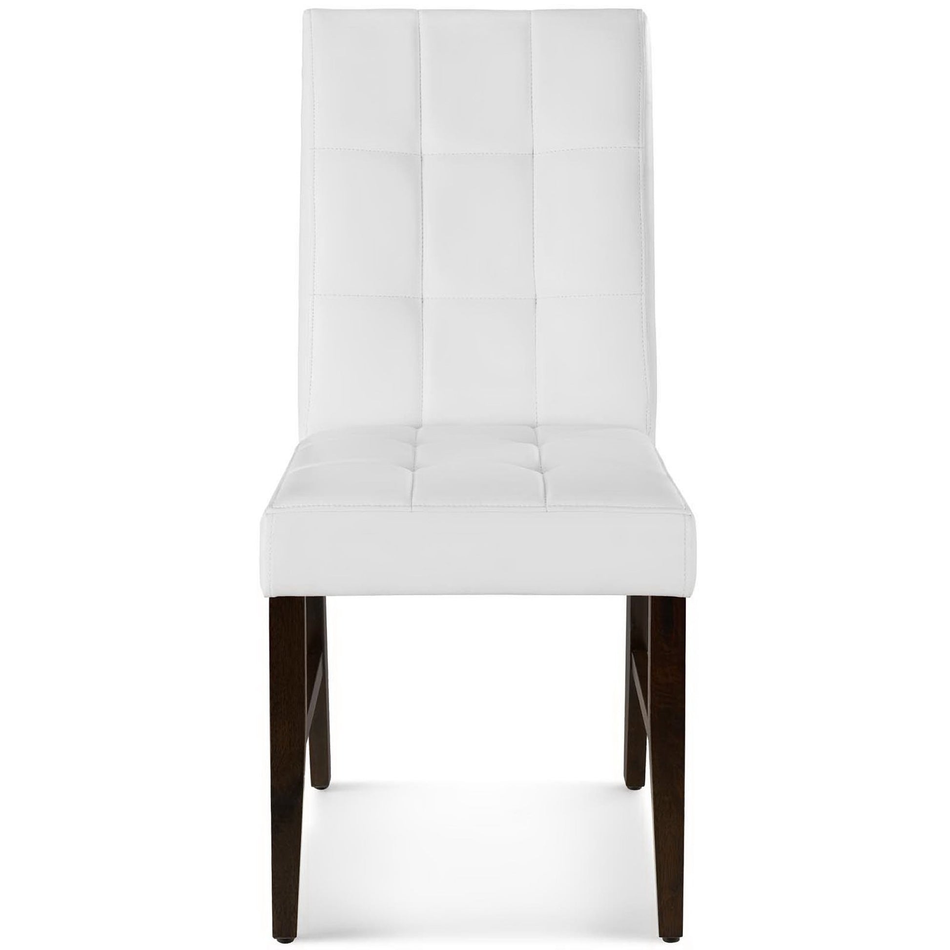 Pair of white tufted faux-leather dining chairs with tall backs and dark wood legs.