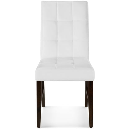 Pair of white tufted faux-leather dining chairs with tall backs and dark wood legs.