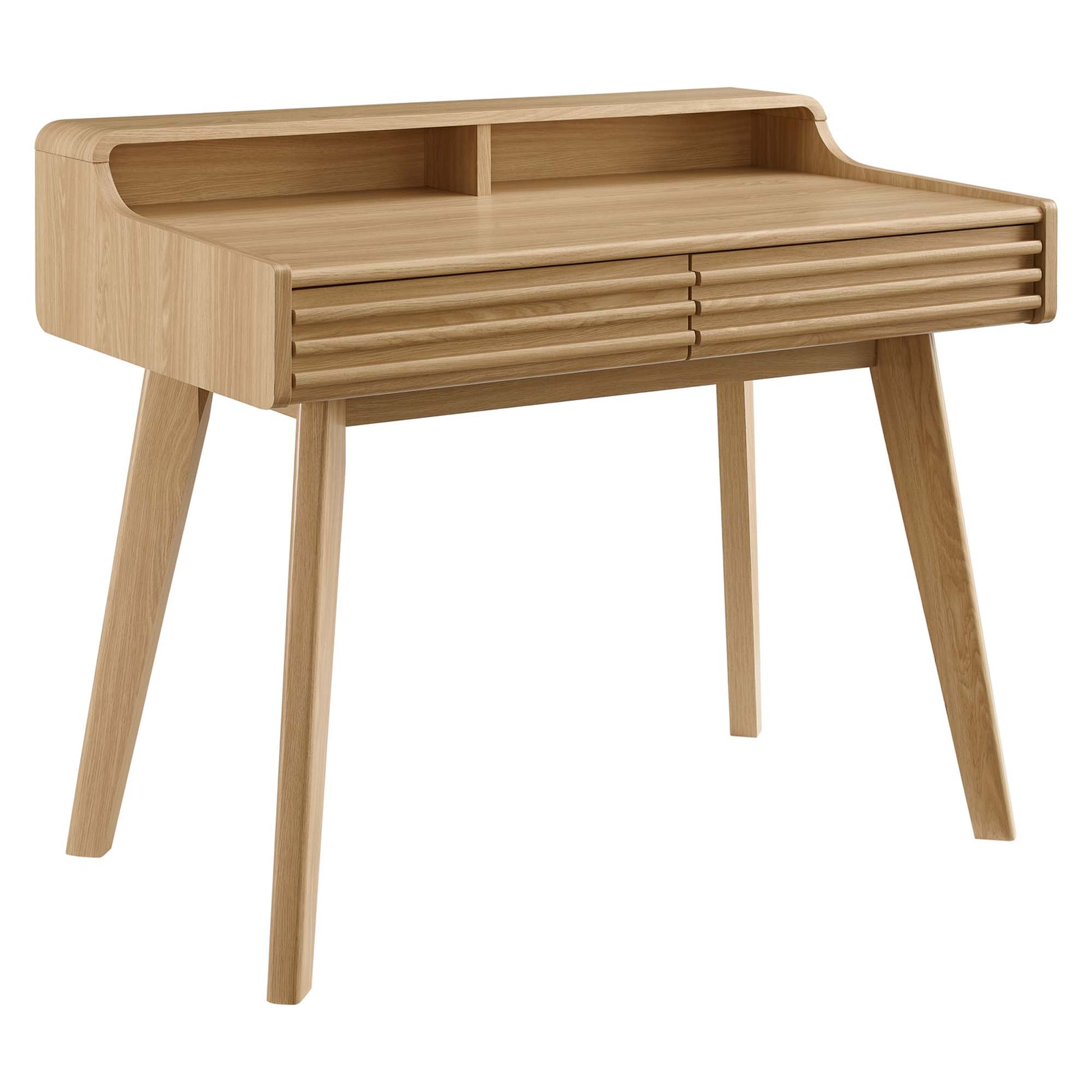 Oak wood desk with rounded upper shelf, two slatted drawers, and tapered legs; mid-century modern design.