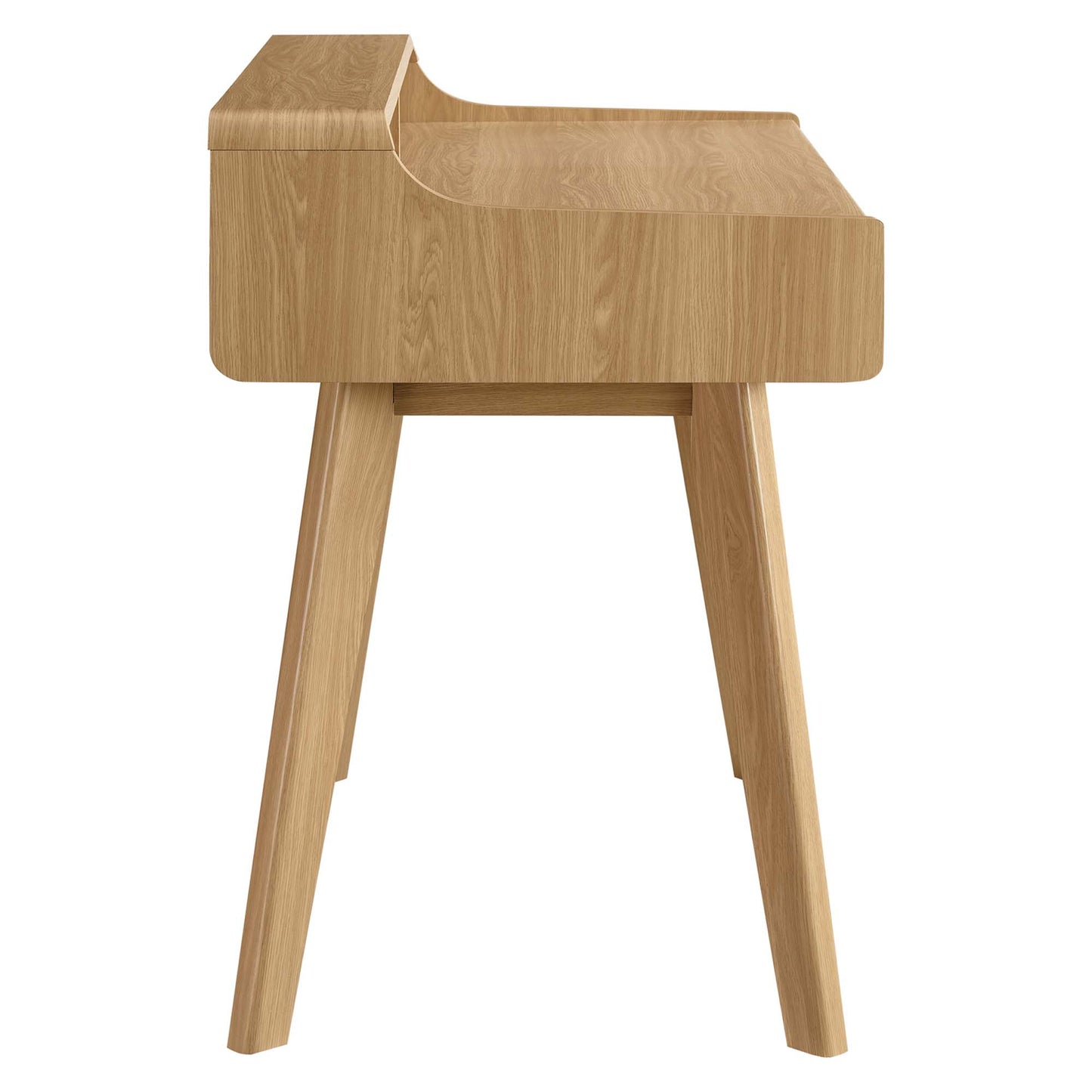 Oak wood desk with curved notch on top, boxy body, and tapered angled legs in a mid-century style.
