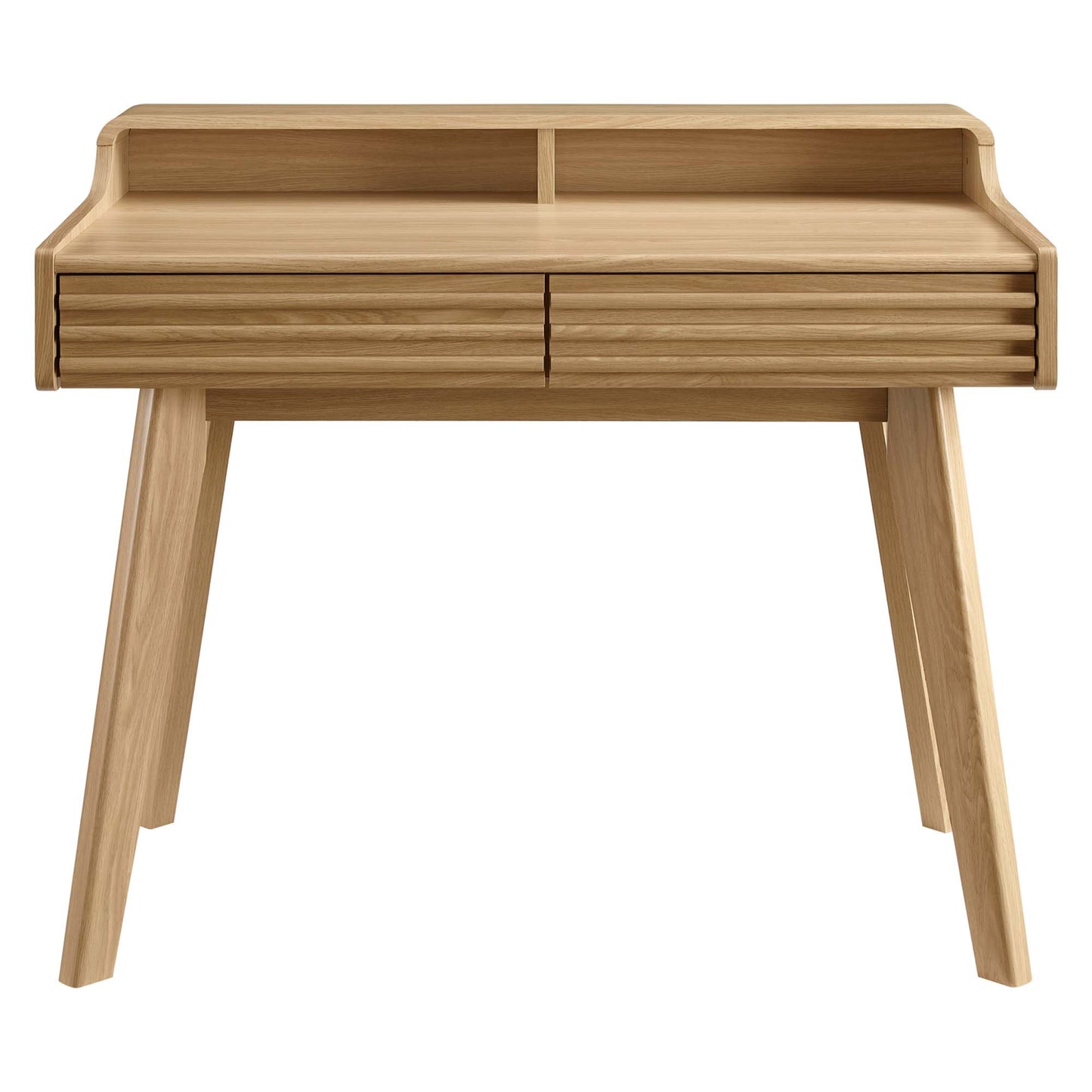 Natural oak wood desk with an elevated top shelf, two shallow drawers, and angled legs; mid-century modern writing/office desk.
