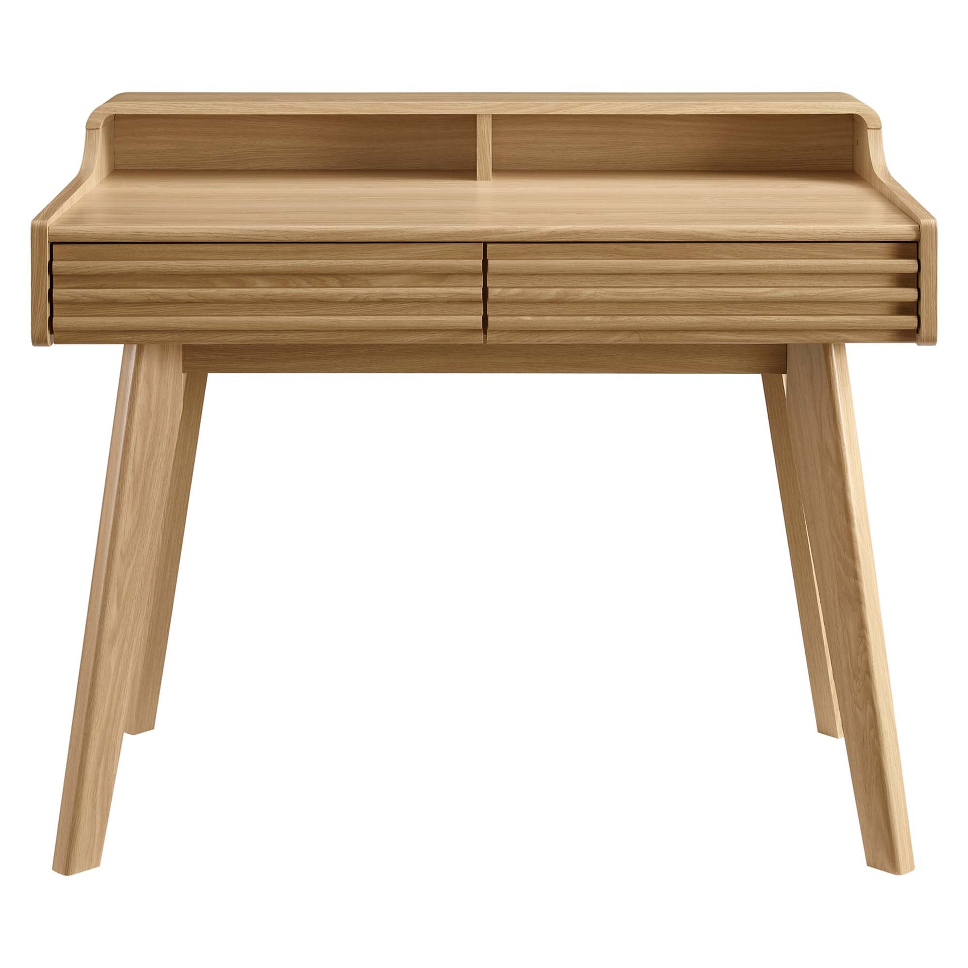 Natural oak wood desk with an elevated top shelf, two shallow drawers, and angled legs; mid-century modern writing/office desk.