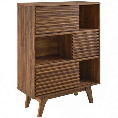 Walnut finish three-tier display storage cabinet stand with slatted-front drawers, open cubbies, and tapered legs.