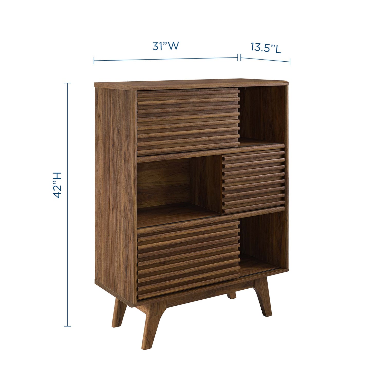 Walnut veneer mid-century cabinet with grooved door fronts, open cubbies and four angled legs.