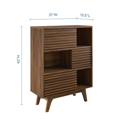 Walnut veneer mid-century cabinet with grooved door fronts, open cubbies and four angled legs.