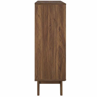 Walnut wood three-tier display storage cabinet stand with vertical woodgrain and tapered legs