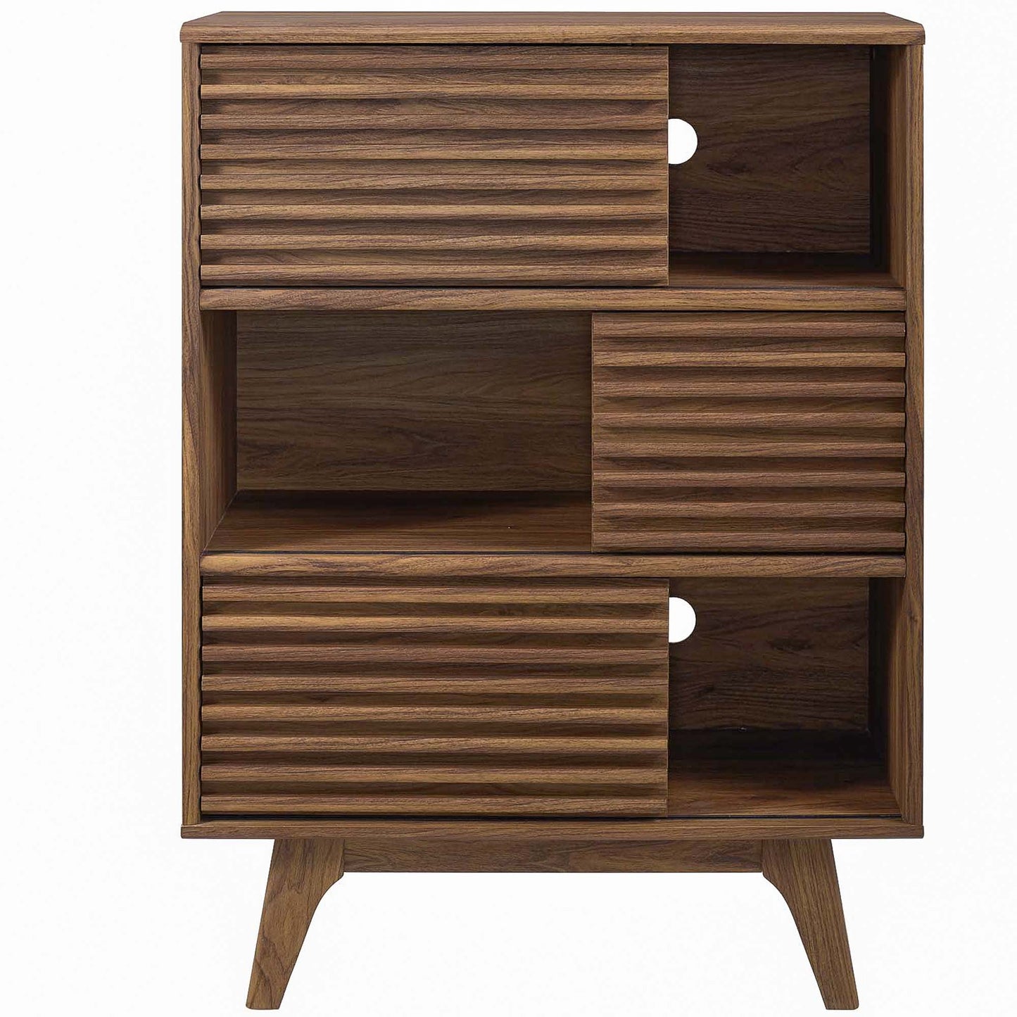 Walnut finish mid-century modern three-tier display storage cabinet with ribbed sliding doors & open cubbies.