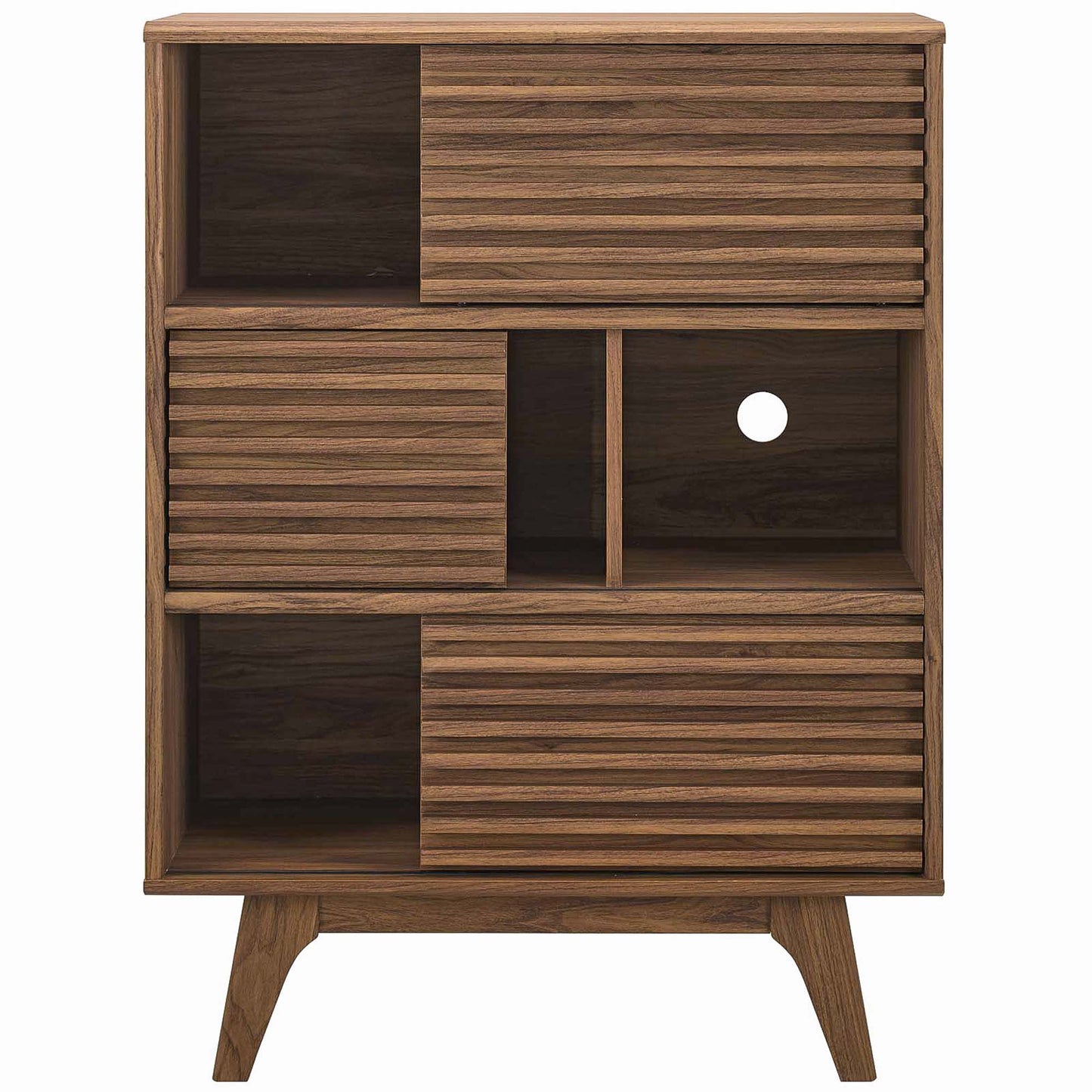 Walnut-toned three-tier display storage cabinet with open shelves, circular cutout, and tapered legs.