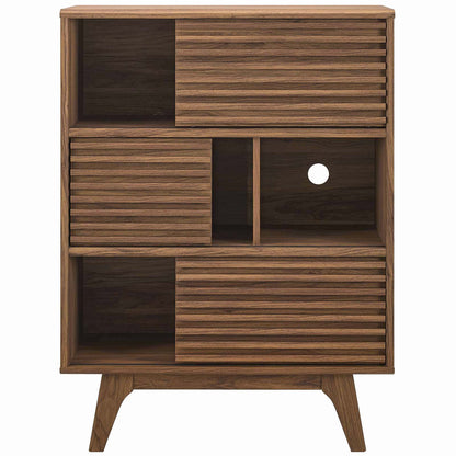 Walnut-toned three-tier display storage cabinet with open shelves, circular cutout, and tapered legs.