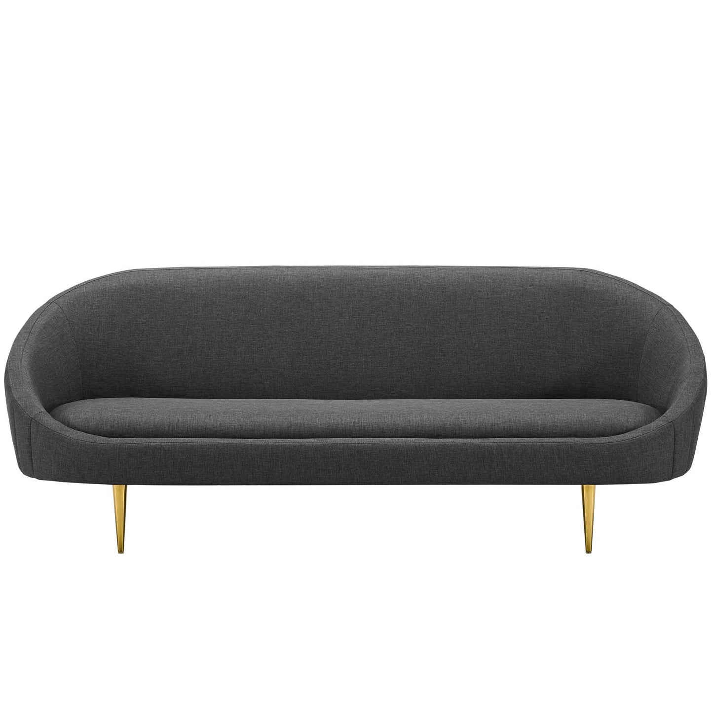 Dark gray curved sofa with rounded back and arms, upholstered fabric, gold tapered legs, modern mid-century design.