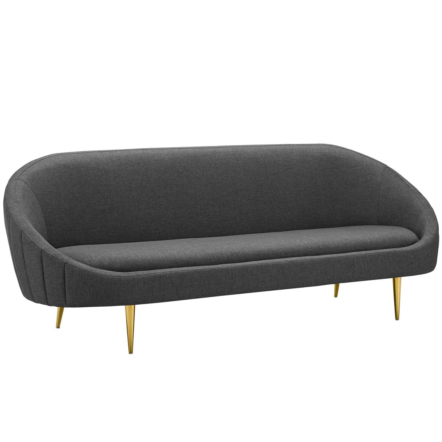 Gray curved fabric sofa with a single long seat cushion, vertical curve back, and gold tapered legs; mid-century style.