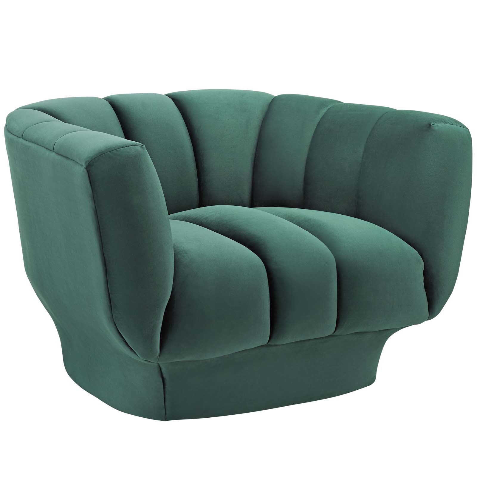 Emerald green velvet vertical channel tufted armchair with plush cushions and rounded arms.