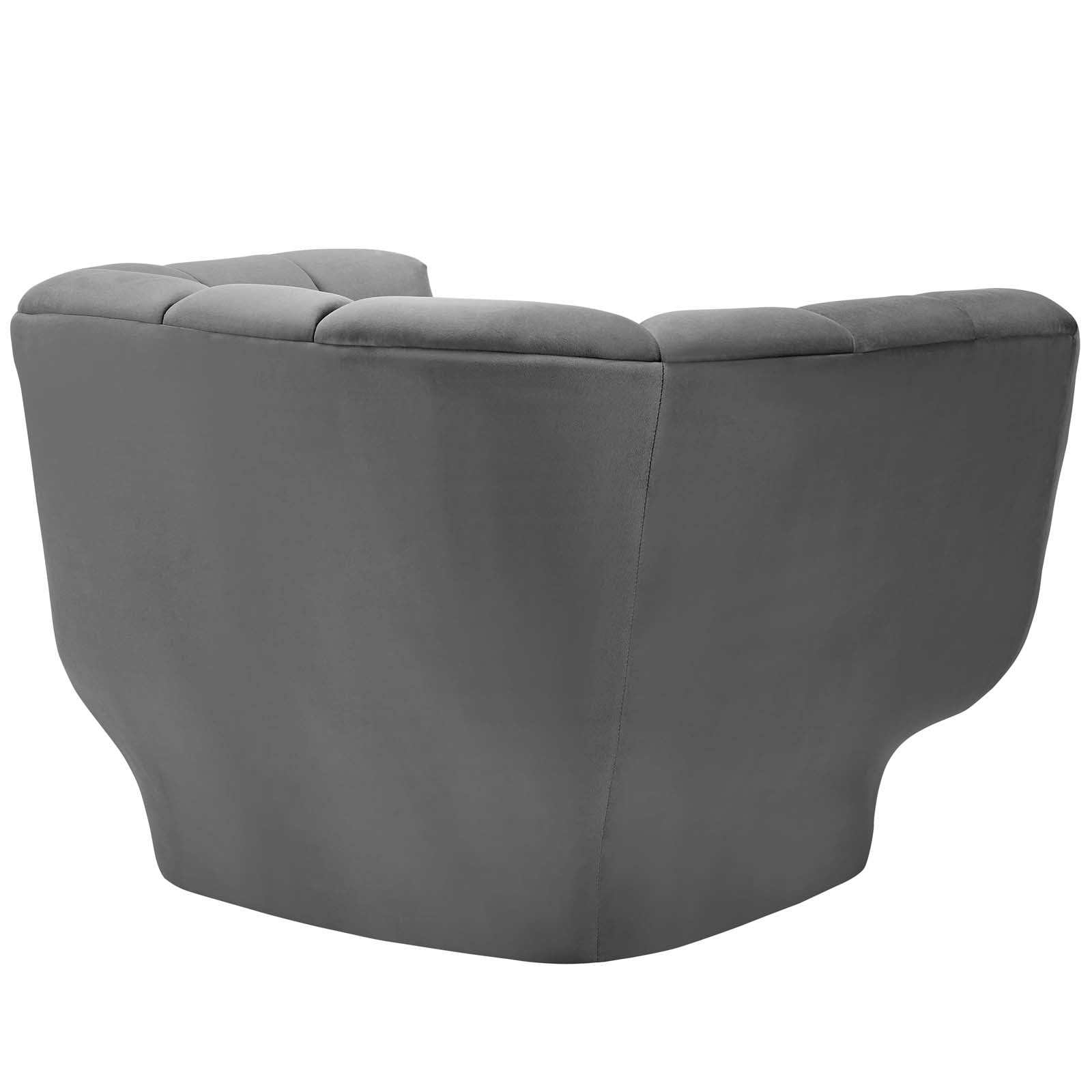 Grey fabric barrel chair with curved back and tufted cushions, modern cozy living room seating.