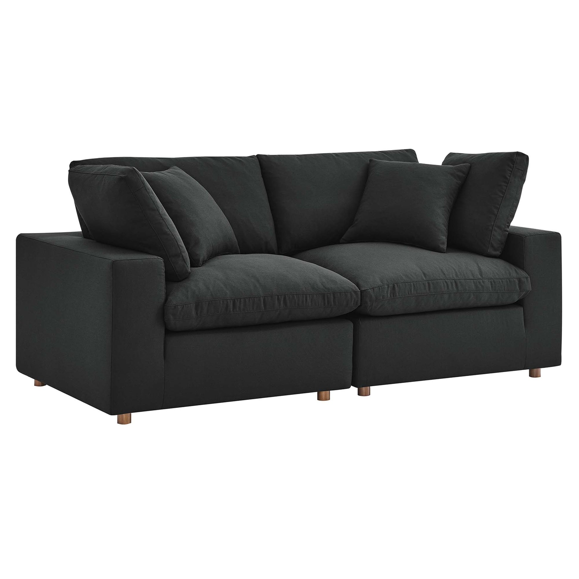 Charcoal black fabric sectional sofa set with two-seat cushions, back pillows, and wooden legs.