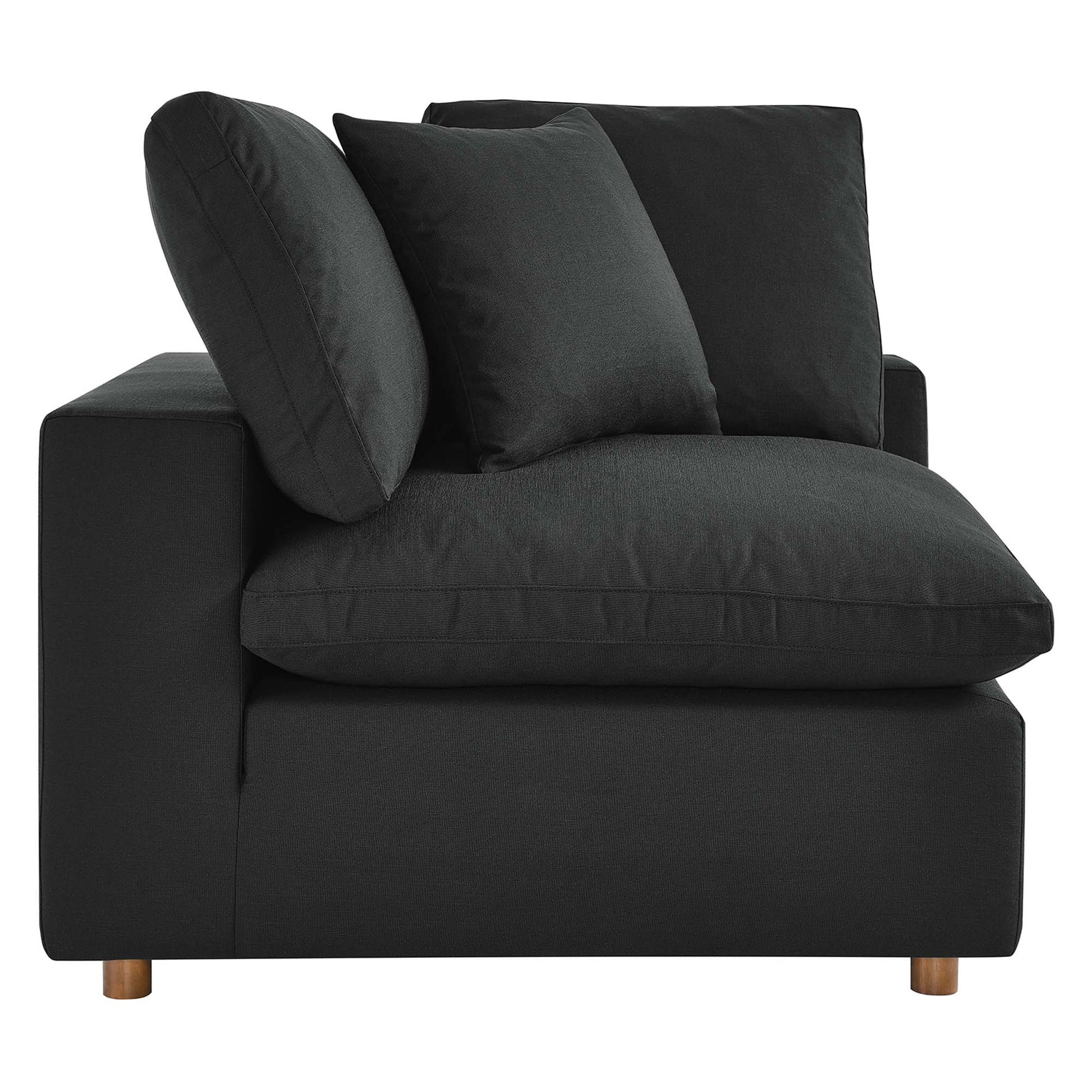 Charcoal black fabric two-piece sectional sofa set with down-filled, overstuffed cushions and short wooden legs.