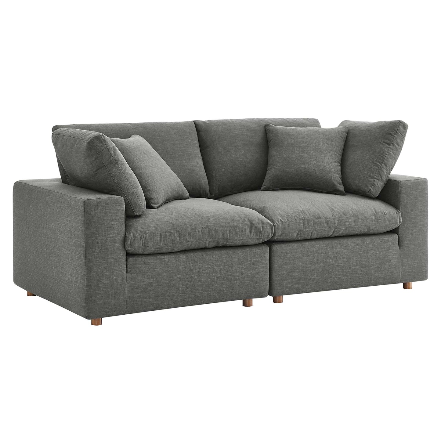 Gray fabric sectional sofa set with square arms & multiple cushions; short wooden legs; modern, compact seating.