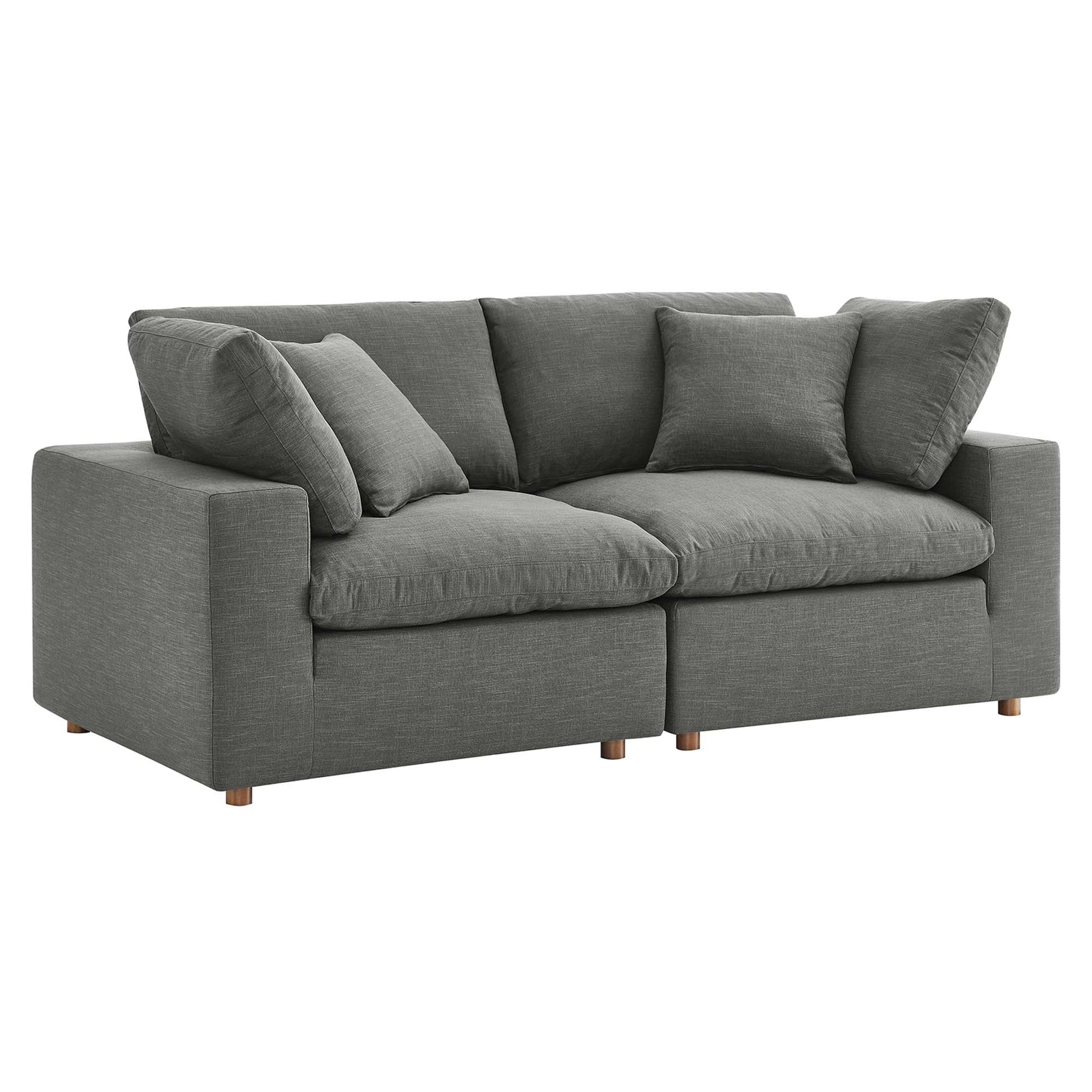 Gray fabric sectional sofa set with square arms & multiple cushions; short wooden legs; modern, compact seating.