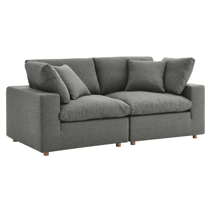 Gray fabric sectional sofa set with square arms & multiple cushions; short wooden legs; modern, compact seating.
