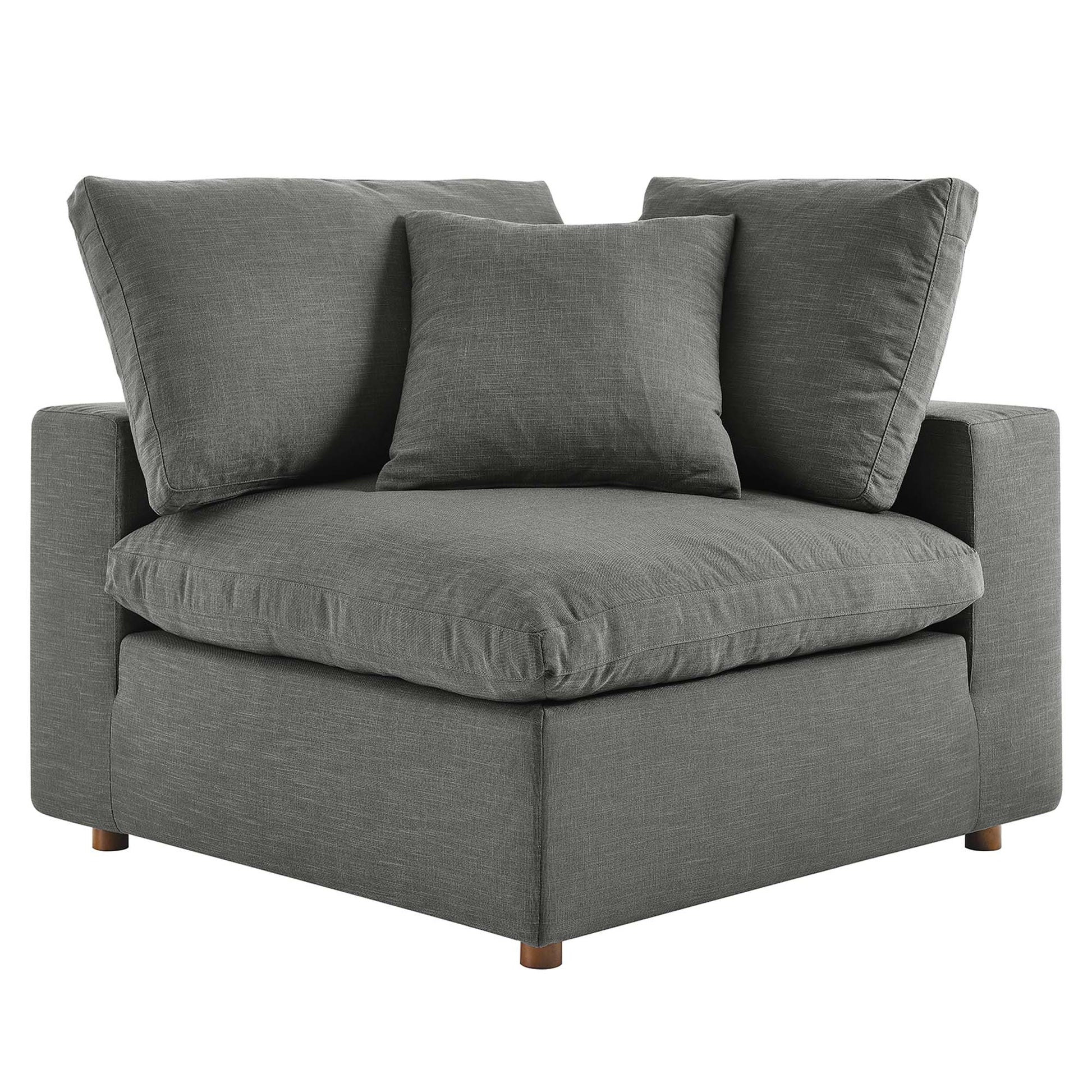 Gray fabric 2-piece sectional sofa set with overstuffed cushions, square arms and short wooden feet