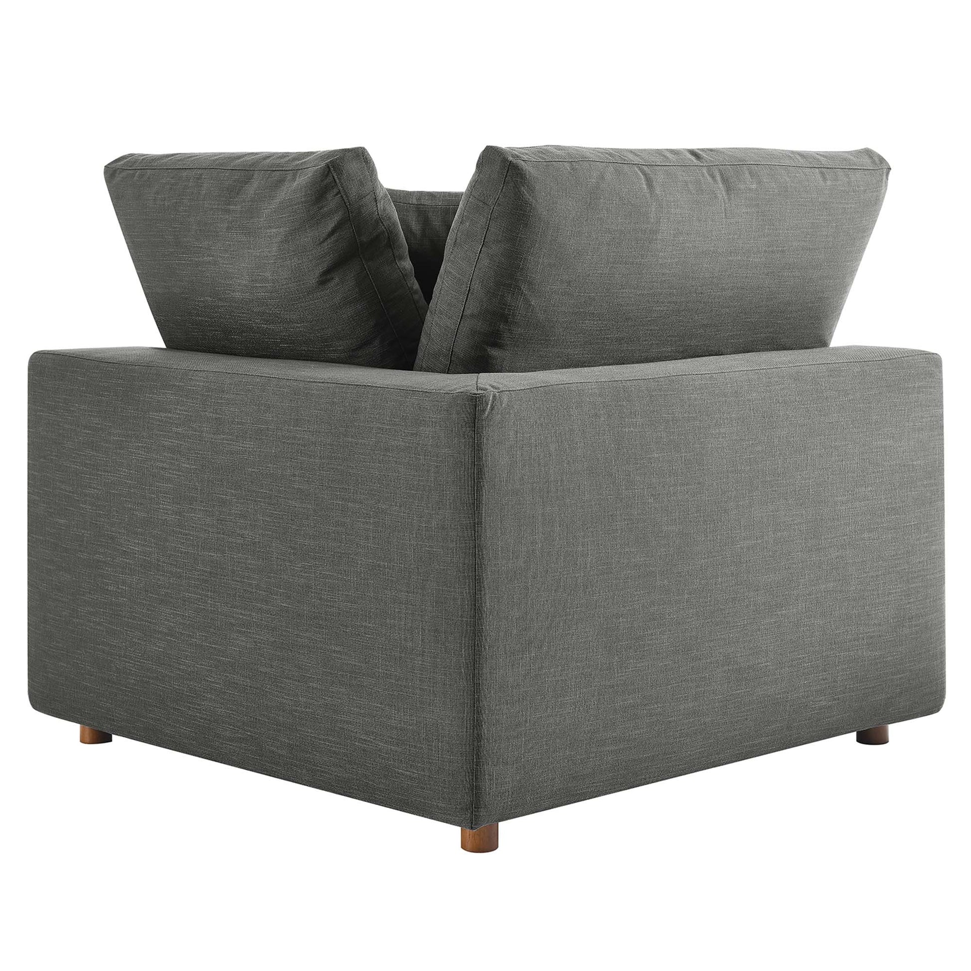Gray fabric two-piece sectional sofa set with a boxy profile, two back cushions and short wooden legs, modern lounge seating.